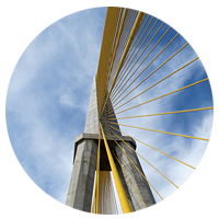 View looking up at bridge cables.