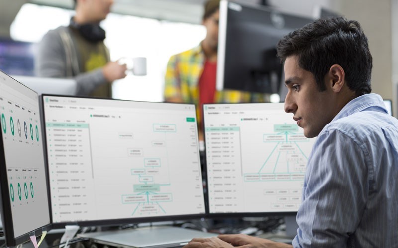 Employee using multiple monitors and desktop device